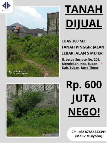 Dijual Tanah Pinggir Jalan Kab. Tuban 300 m²